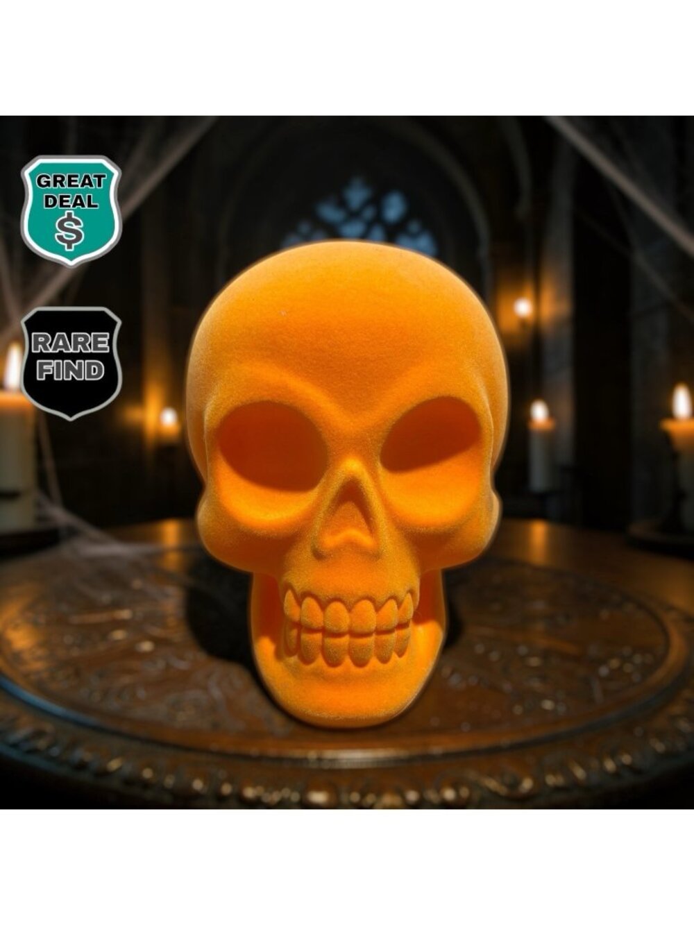 Hyde & Eek Halloween Decor Flocked 7” Orange Skeleton Head Skull! RARE!